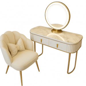 Luxury Marble Vanity Set with LED Mirror & Chair – Gold Frame