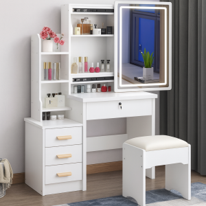 White makeup vanity with LED mirror, storage drawers, shelves, and padded stool – Prestige Vanity