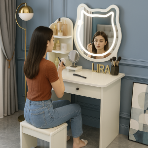 White makeup vanity set with LED cat mirror, drawers, shelves, and stool