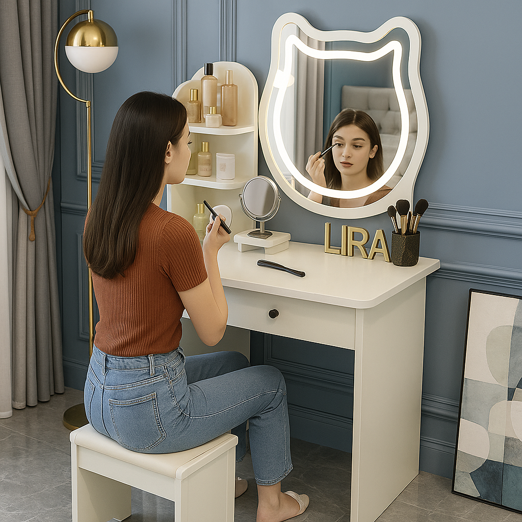 White makeup vanity set with LED cat mirror, drawers, shelves, and stool