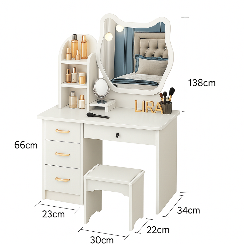 White Cat Mirror Vanity with LED Lights, Drawers, and Stool - Image 2