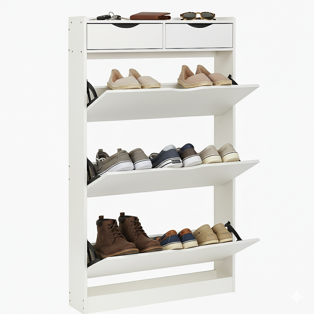 Prestige Vanity & Home Flip-Down Shoe Storage Cabinet (80×130×17 cm, White)