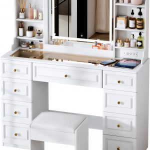White Vanity Makeup Table w/ Lighted Mirror, 9 Drawers & Charging Station!